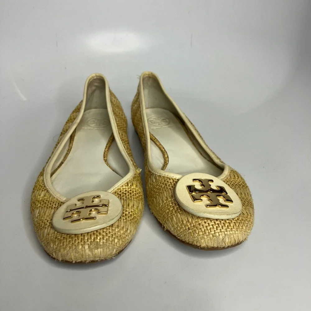 Tory Burch tan cream Raffia ballet flats women's size 9 luxury casual